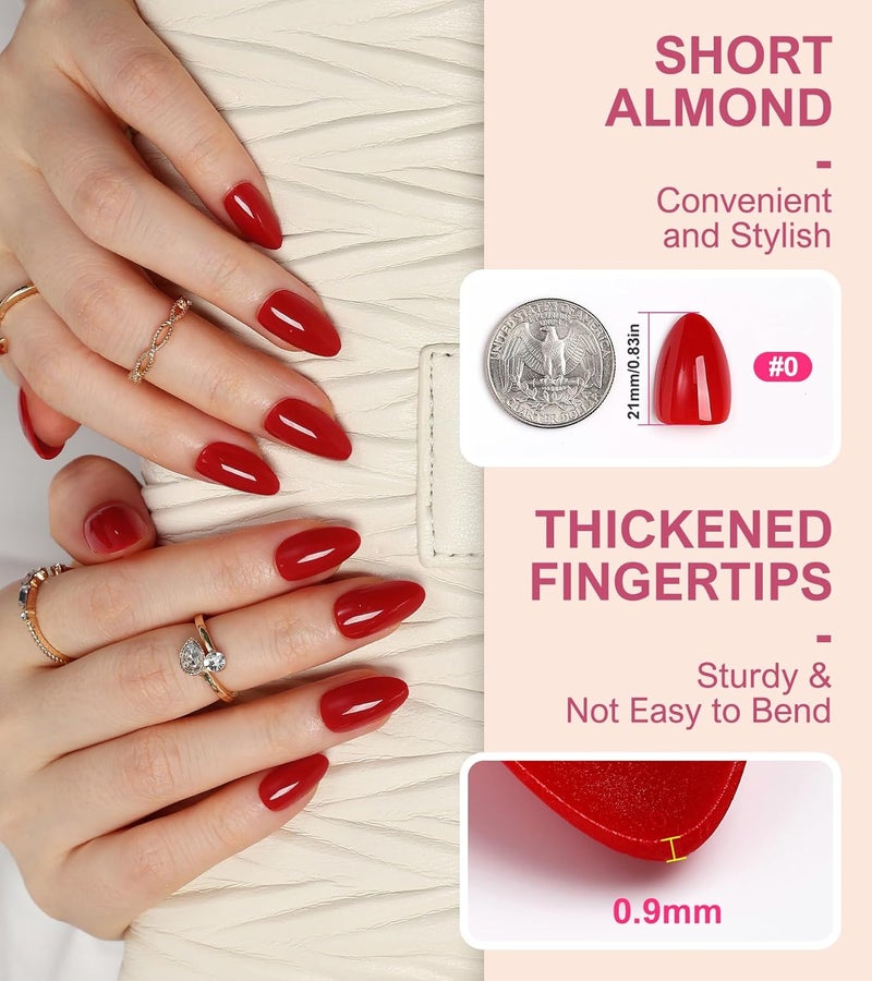 morily Red Press on Nails, 30Pcs Short Almond Fake Nails Glossy Acrylic False Nails Reusable Full Cover Stick on Nails for Women, 15 Sizes, Thicker Fingertips - Image 4